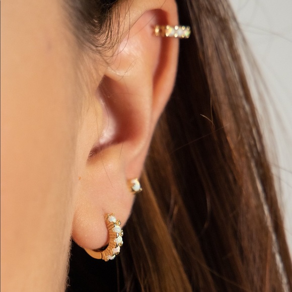 Dainty White Opal Huggie Earrings - Picture 3 of 6